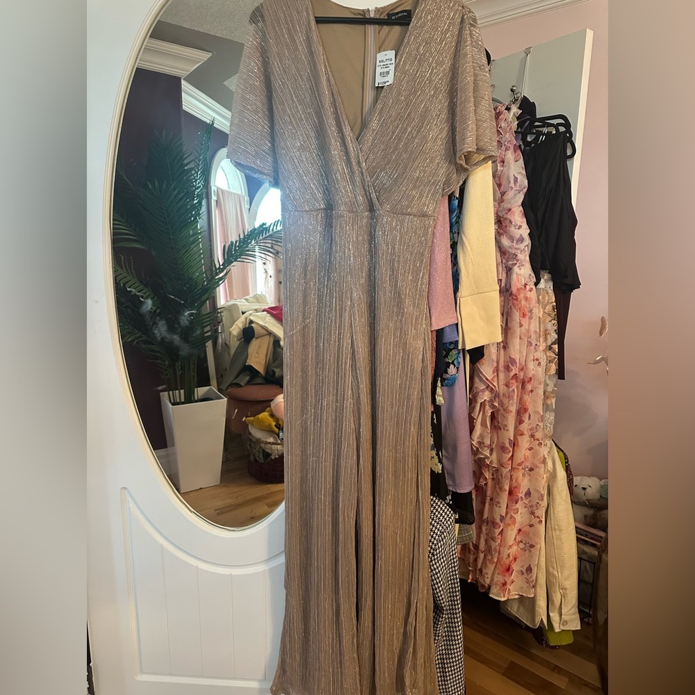 Le Chateau Metallic V Neck Jumpsuit